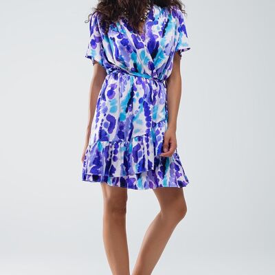 Robe courte portefeuille en tie-dye bleu et violet