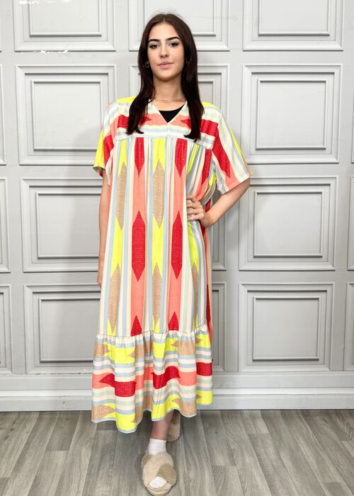Summer Stripe Printed Maxi Dress with V Neck Short Sleeves and Ruffle Hem
