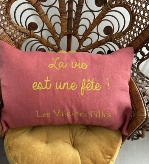 Coussin en Lin (housse + garnissage) print paillettes "La vie est une fête"