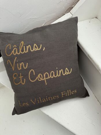 Coussin en Lin (housse + garnissage) print paillettes "Calins, vin et copains" 2