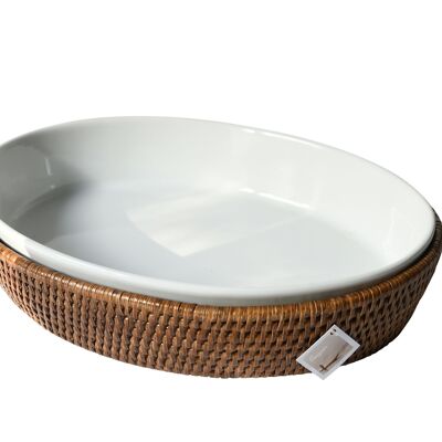 Piatto ovale Kauk in porcellana e rattan color miele