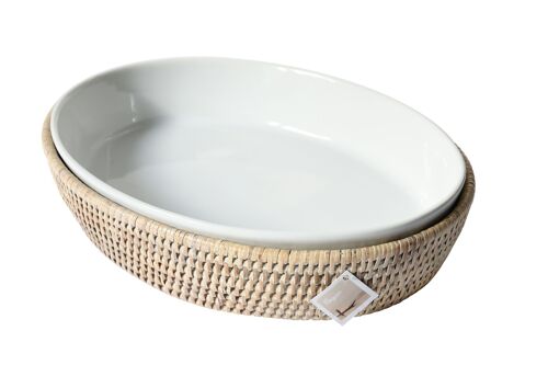 Plat oval porcelaine et rotin white Kauk