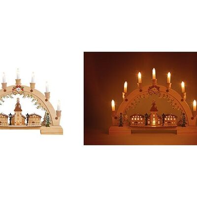 Lichterbogen Dorfkirche, 7er LED aus Holz Natur (B/H/T) 45x33x6cm