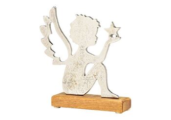 Support d'ange sur socle en bois de manguier en métal argenté (L/H/P) 19x20x5cm