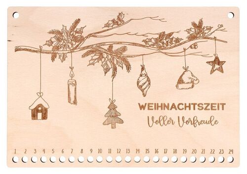 Adventskalender "Weihnachtszeit Voller Vorfreude" aus Echtholz mit Kordel (B/H) 33x23cm