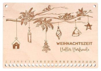 Calendrier de l'Avent "Noël plein d'anticipation" en bois véritable avec cordon (L/H) 33x23cm