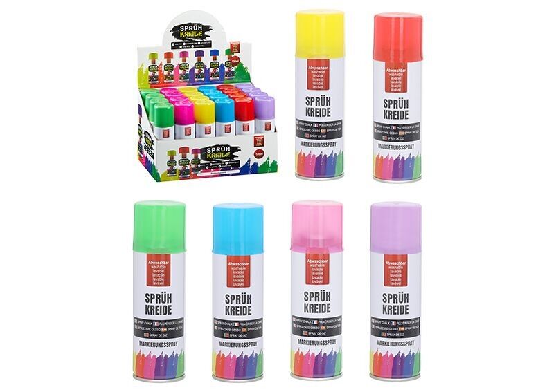 Kreide Spray, 100ml, Dosenvolumen 175ml, Wasserlöslich, aus Kunststoff rot, gelb, grün, lila, pink, blau 6-fach, (B/H/T) 4x15x4cm, VOC 32%, für kurzfristige Markierungen
