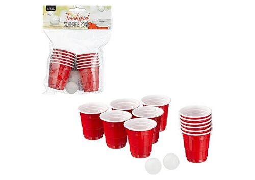 Trinkspiel, Schnaps Pong, 14-er Set, aus PP 12x rote Schapsbecher, 2x weiße Bälle