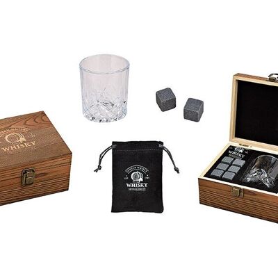 Juego de piedras para whisky, cubitos de hielo de piedra de basalto 2x2x2cm, vaso 9x8x9cm, 300ml, juego gris de 6, en caja de madera (An / Al / Pr) 18x10x16,6cm