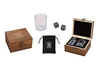 Ensemble de pierres à whisky, cubes de glace en pierre de basalte 2x2x2cm, verre 9x8x9cm, 300ml, gris lot de 6, dans une boîte en bois (L / H / P) 18x10x16,6cm