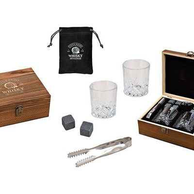Ensemble de pierre à whisky, cubes de glace en pierre de basalte 2x2x2cm, 2 verres 9x8x9cm, 300ml, ensemble gris de 8 pinces, dans une boîte en bois (L / H / P) 23,7x10x20,2cm