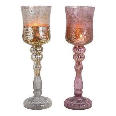 Lanterne calice en verre à champagne, rose double, (L / H / P) 11x38x11cm