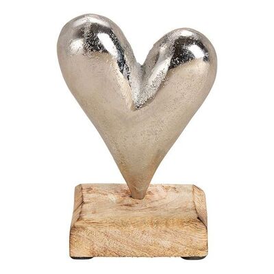 Soporte de corazón de metal sobre base de madera de mango plateado, marrón (An / Al / Pr) 9x14x5cm