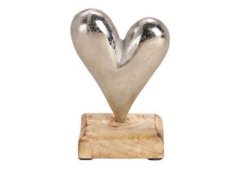 Support coeur en métal sur base en bois de manguier argent, marron (L / H / P) 9x14x5cm