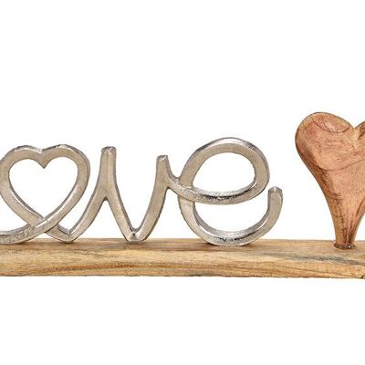 Stand-up lettering LOVE de metal con corazón y base de mango de madera plateada, marrón (An / Al / Pr) 40x18x5cm