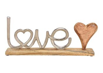 Inscription LOVE debout en métal avec coeur en bois de manguier et base argent, marron (L / H / P) 40x18x5cm