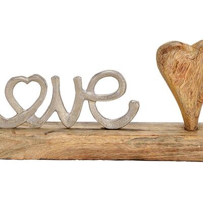 Inscription LOVE debout en métal avec coeur en bois de manguier et base argent, marron (L / H / P) 25x12x5cm