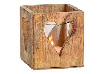 Décor de coeur de lanterne en bois de manguier, verre brun (L / H / P) 12x12x12cm
