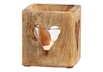 Décor de coeur de lanterne en bois de manguier, verre brun (L / H / P) 9x9x9cm