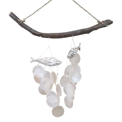 Carillon Ă vent poisson avec coquille de Capiz, hauteur de suspension de 45 cm