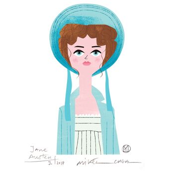 Illustration "Jane Austen" par Mikel Casal. Reproduction A5 signée 2