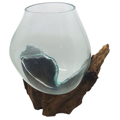 Terrarium en verre fondu sur bois de Gamal balinais, bol, hauteur 15 cm
