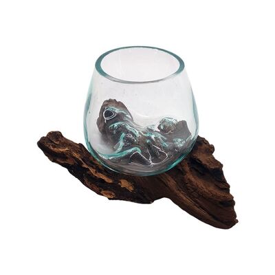 Terrarium en verre fondu sur bois de Gamal balinais, bol, hauteur 12 cm
