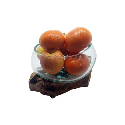 Verre fondu sur bois de Gamal balinais, corbeille de fruits, diamètre 15 cm