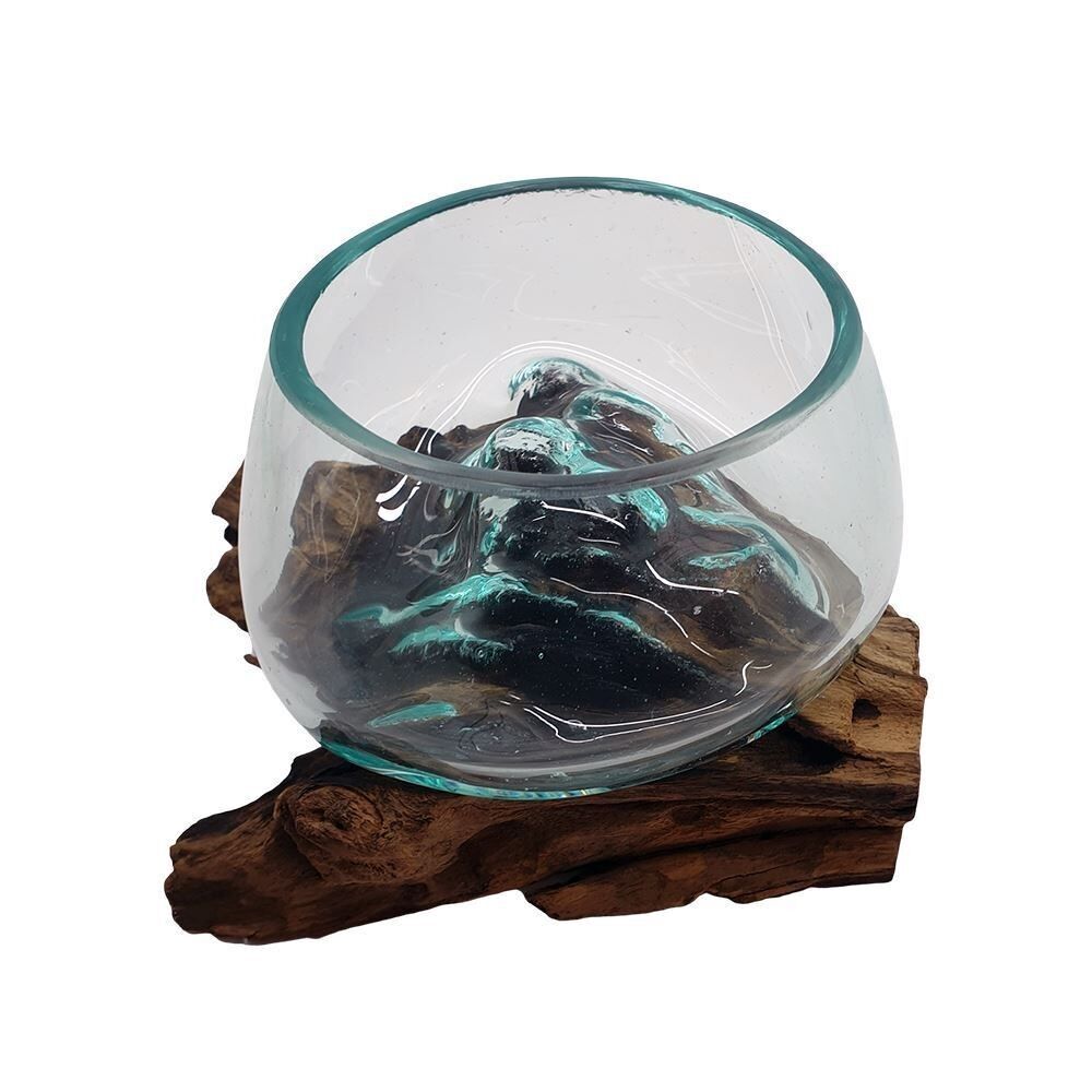 Verre fondu sur bois de Gamal balinais, corbeille de fruits, diamètre 12 cm