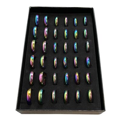 Vitrine avec 36 bagues, tailles assorties, Aura Hématite