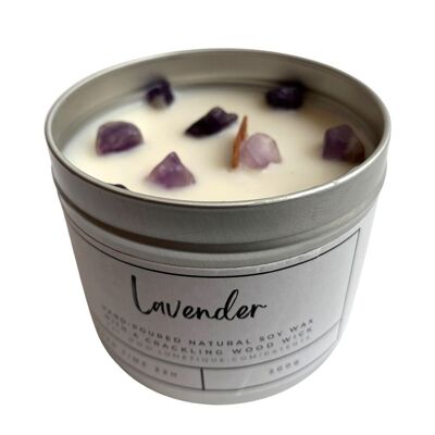 Vela de lata de aluminio, lavanda con cristales de amatista