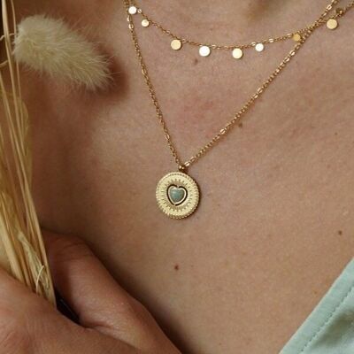 Steel necklace HEART amazonite semi-precious stone