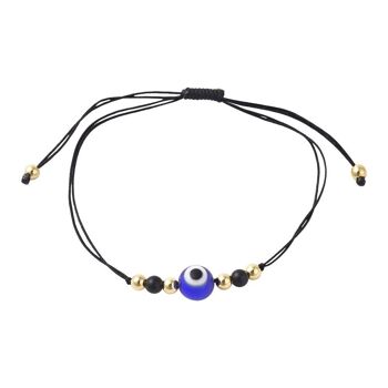 Bracelet tressé en fil de nylon Evil Eye avec perles d'agate noire