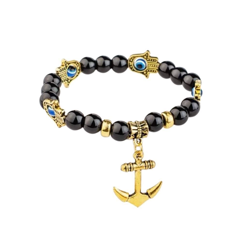 Evil Eye & Anchor Armband, Schwarz & Gold