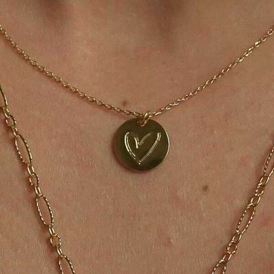 ENGRAVED HEART NECKLACE freehand in brass gilded with fine gold