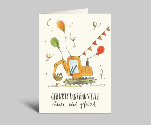 Geburtstagskarte | Oranger Bagger | Geburtstagsbaustelle | mit Umschlag