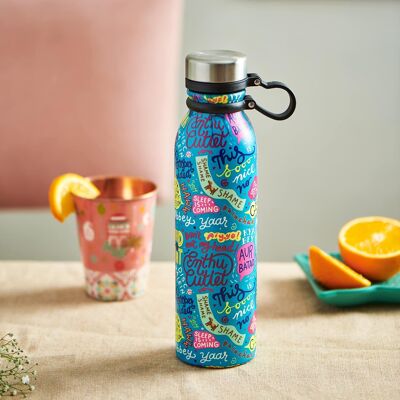 Chumbak Quirky India Trinkflasche aus Stahl, Blau