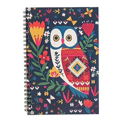 Spiralnotizbuch „Chumbak Killim Owl“, 90 g/m²-Papier, Tagebuch, gebunden, bedruckter Notizblock für Schule, Uni und Büro, Maße: 21 x 14 cm