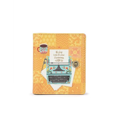 Chumbak Women's Mini Wallet |Floral Typewriter Collection | Vegan Leather Rectangle Wallet for Women | Ladies Purse with Button Lock |Card & Currency Slots with Transparent ID Window - Yellow