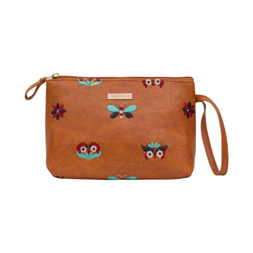 Chumbak Women's Embroidered Pouch |Owl Eyes Collection |Vegan Leather Travel Essentials for Women |Multi-Purpose Bag for Makeup Kit, Perfume, Notebook - Brown