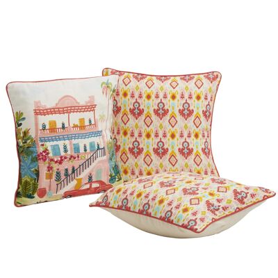 Set di 3 cuscini Chumbak Countryside Ikkat in cotone, per soggiorno e camera da letto, biancheria da letto e cuscino, multicolore