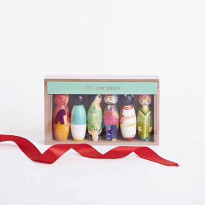 Chumbak-Holzfiguren „Volk Indiens“ in Geschenkbox, 6er-Set, 0.1 Zentimeter, Mehrfarbig
