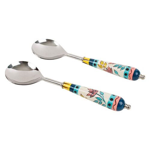 Chumbak Indian Floral Spoon Set - Set of 2 Spoons, Cutlery, Kitchen Essentials, Tableware and Dining DÃ©cor, Decorative Cutlery, Stainless Steel with Wooden Handle, Size 12.6"x5.1"x2.1"