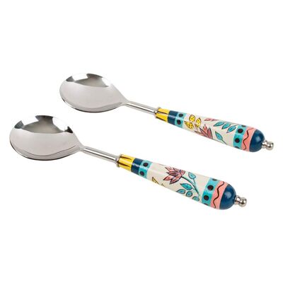 Set di cucchiai floreali indiani Chumbak - Set di 2 cucchiai, posate, elementi essenziali per la cucina, stoviglie e decorazioni per la sala da pranzo, posate decorative, acciaio inossidabile con manico in legno, misura 12.6"x5.1"x2.1"