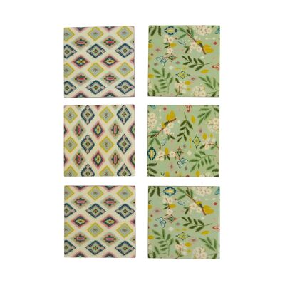 Sottobicchieri in legno Chumbak Country - Farm Garden, Verde, Ikkat, Set da 6, Elementi essenziali per bar 4" x 4, Decorazioni per interni ed esterni, Feste con vino e formaggio, per uso alimentare, MDF e smalto