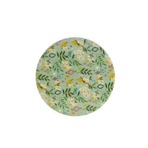 Chumbak Country Wooden Round Trivets -Farm Garden,Green,Ikkat, 8"*8", Set of 2, Dinnerware & Tableware,Indoor Outdoor Dining, Wine & Cheese Party, Food-Grade, Food-Grade,Protects Tables, MDF & Enamel