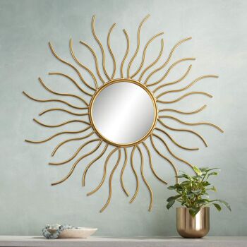 Écrits sur le mur Miroir mural soleil brillant, fait à la main, pour la maison, la cuisine, le salon et le bureau, doré, 2 pieds, support mural, rond 1