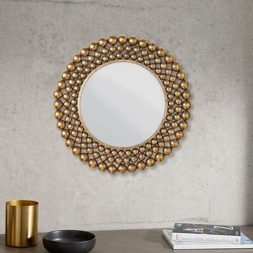 Writings on the Wall Beaded Wall Mirror, Handmade, for Home, Kitchen, Living Room & Office, Gold, 2 feet, Wall Mount, Round