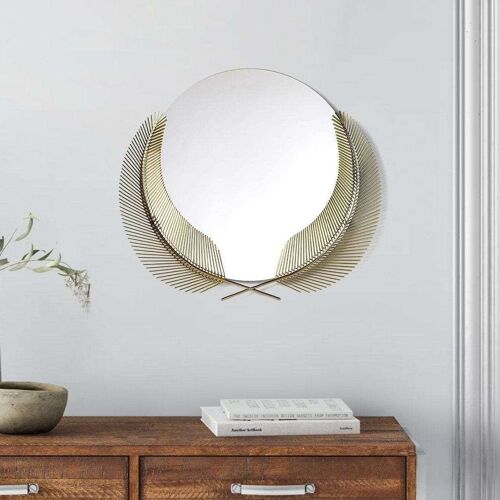 Writings on the Wall Feather Wall Mirror, Handmade, for Home, Kitchen, Living Room & Office, Gold, 2 feet, Wall Mount, Round