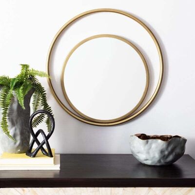 Specchio da parete a doppio anello con scritte sul muro, fatto a mano, per la casa, la cucina, il soggiorno e l'ufficio, oro, 2 piedi, montaggio a parete, rotondo